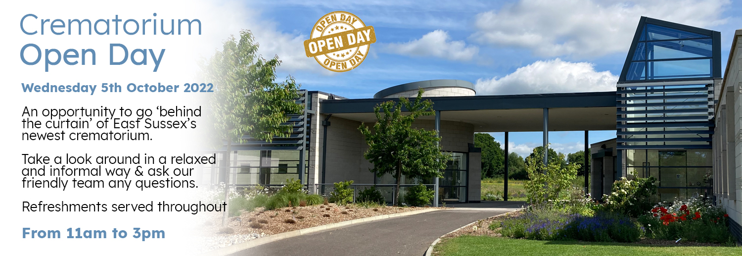 Crematorium open day. Wednesday 5t October 2022. An opportunity to go behind the curtain of East Sussex's newest crematorium. Take a look around in a relaxed and informal way and ask our friendly team any questions. Refreshments served throughout. From 11am to 3pm.